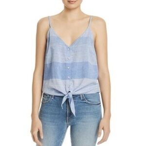 Bella Dahl Striped Blue White Tie Front Button Up Linen Blend V Neck Top Blouse